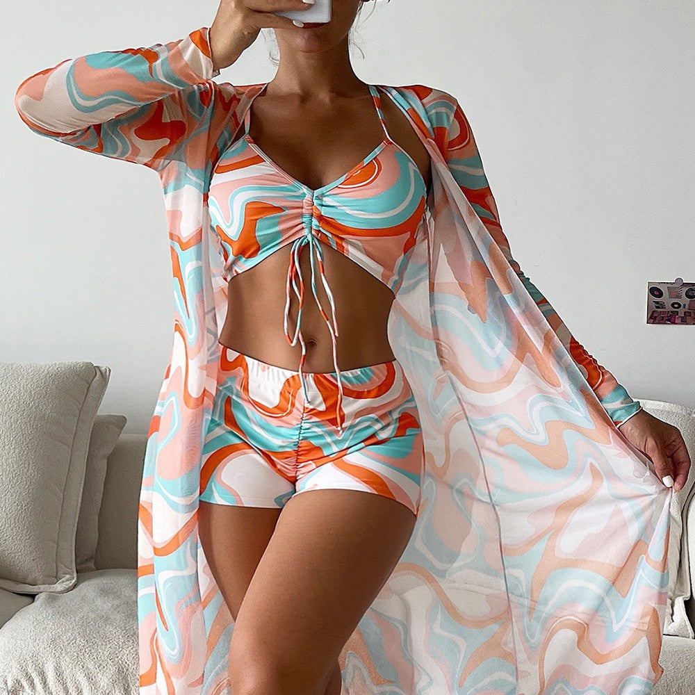 Damen Bikiniset mit schönem Bindeband und floralem Kimono Drune
