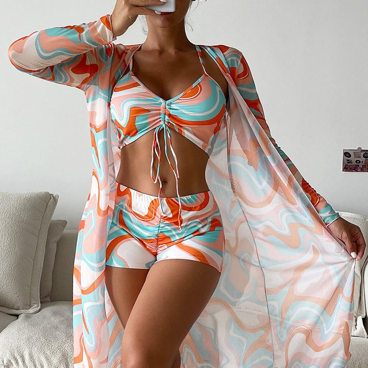 Damen Bikiniset mit schönem Bindeband und floralem Kimono Drune