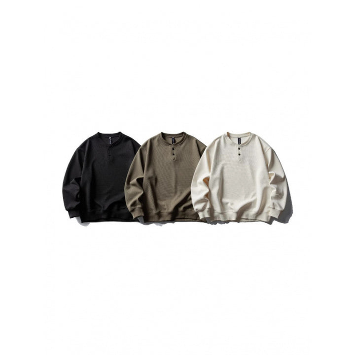 Unisex Waffelstrick-Henley-Sweatshirt im Oversize‑Cut mit Knopfleiste Drune