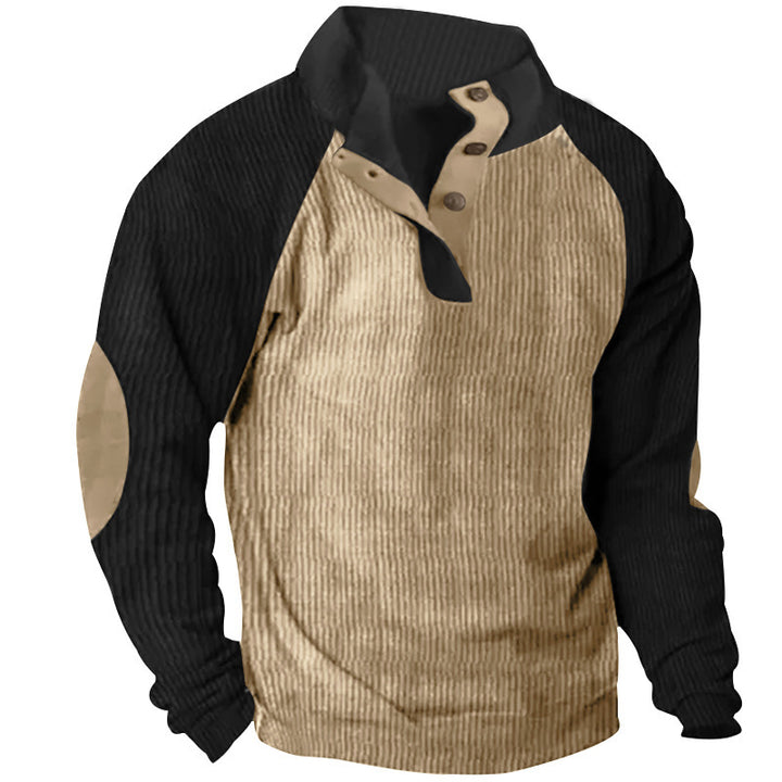 Herren Strukturiertes Raglan-Henley-Pullover mit Stehkragen, Ellenbogenpatches & Knopfleiste Drune