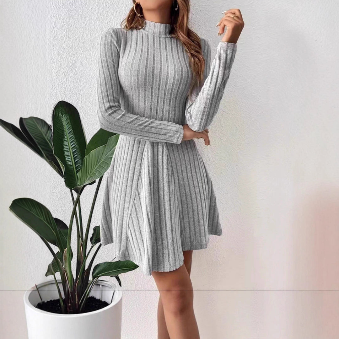Damen Geripptes Strickkleid mit Stehkragen, taillierter A‑Linie und langen Ärmeln Drune