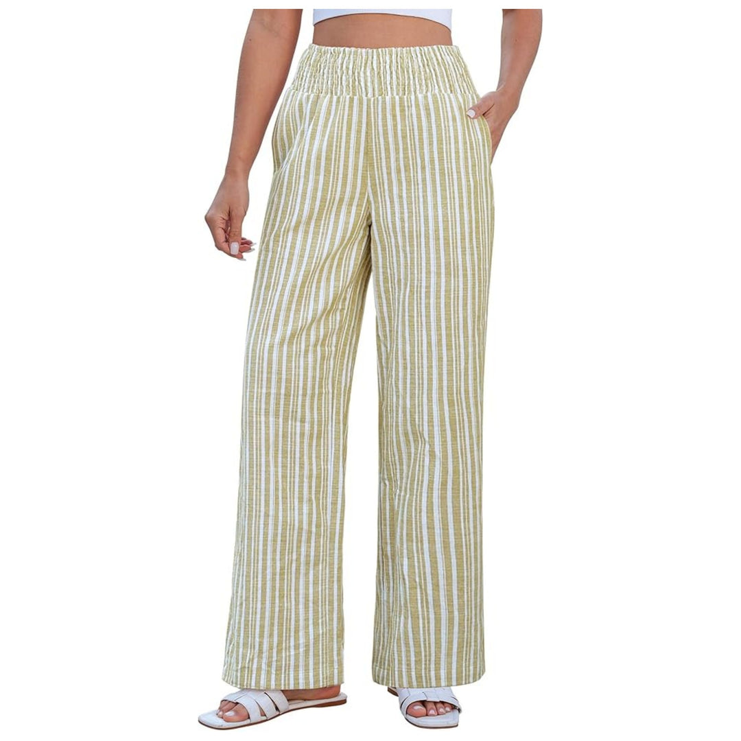 Damen Leichte Leinenhose mit weitem Bein, hoch geschnittener geraffter Gummibund und Seitentaschen Drune