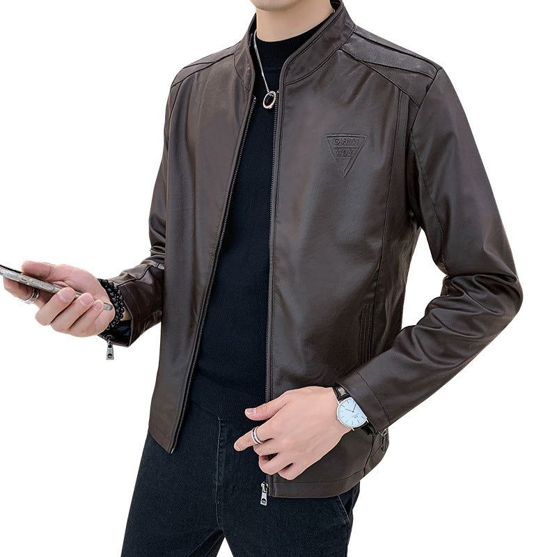 Herren Schlanker Kunstleder‑Moto‑Blouson mit Stehkragen und Reißverschlussärmeln Drune