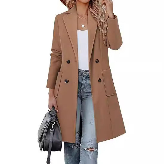 Damen Doppelreihiger Longblazer-Mantel mit aufgesetzten Taschen und taillierter Silhouette Drune