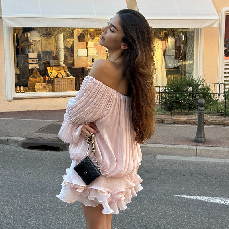 Damen luftiges Off-Shoulder Kleid mit Rüschenschnitt Drune