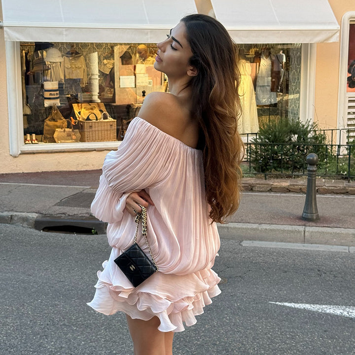 Damen luftiges Off-Shoulder Kleid mit Rüschenschnitt Drune