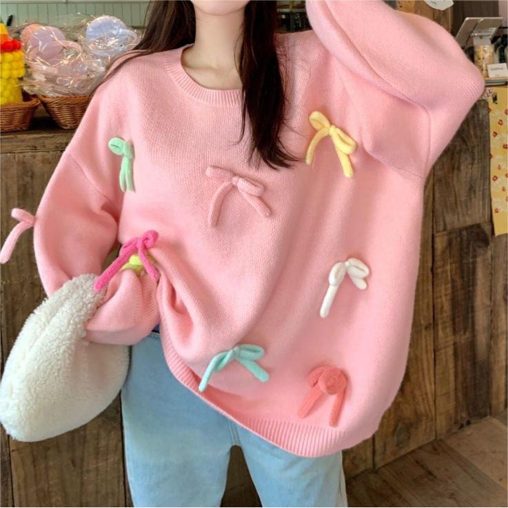 Damen gemütlicher Pullover mit verspielten Schleifen-Applikationen Drune