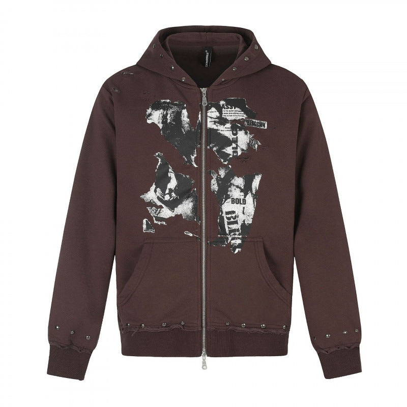 [Herren] Kapuzensweatjacke mit durchgehendem Reißverschluss, Vintage‑Print und Nietenbesatz Drune