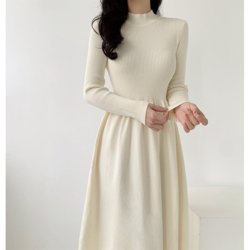 Damen elegantes Strickkleid mit hohem Kragen und fließendem Rock Drune