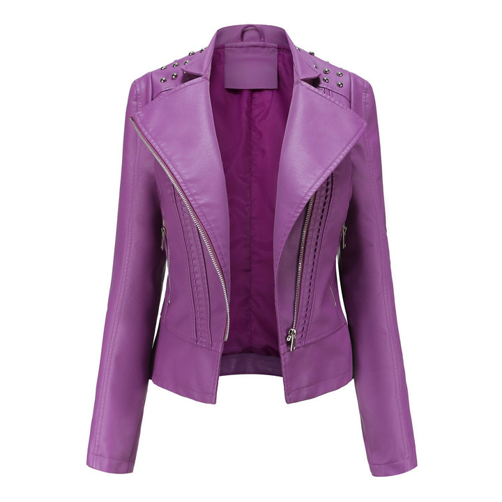 Damen nan taillierte Bikerjacke aus Kunstleder mit Nieten und asymmetrischem Reißverschluss Drune