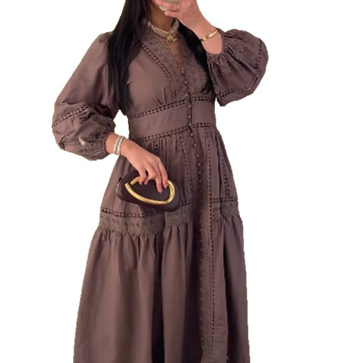 Damen Maxikleid im Boho‑Stil mit Spitzeneinsätzen, Knopfleiste und Ballonärmeln Drune