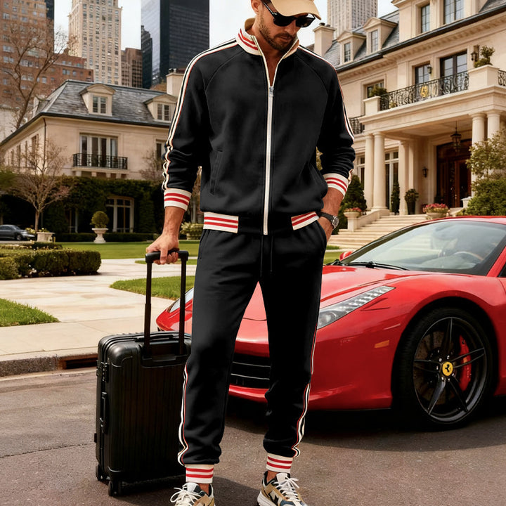 Herren nan sportiver Trainingsanzug mit gestreiften Rippbündchen, Reißverschlussjacke und tapered Jogginghose Drune