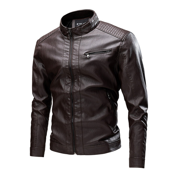 Herren Biker-Lederimitatjacke im Racing-Stil mit Stehkragen und Reißverschlusstaschen Drune