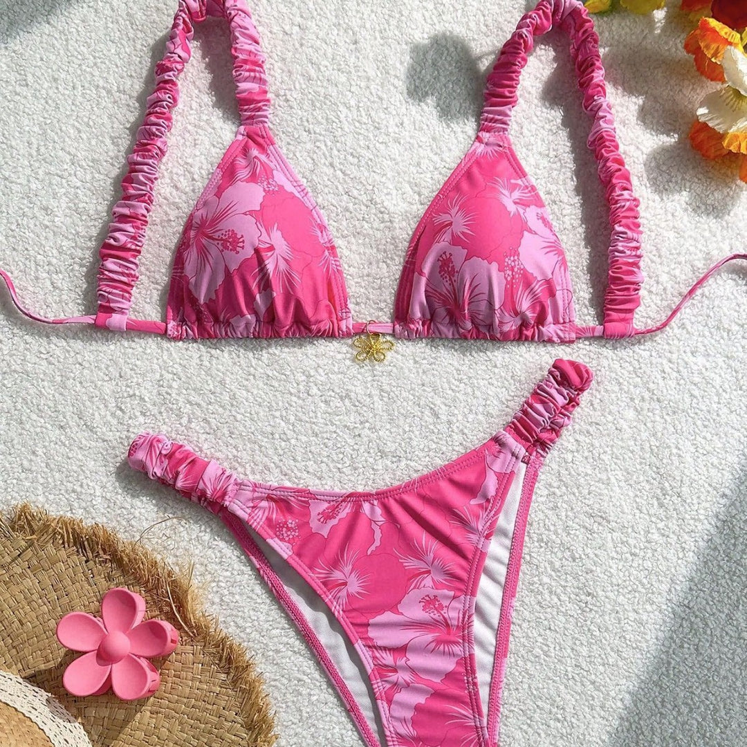 Damen Triangel-Bikini mit verstellbaren Bändern und buntem Blumenmuster Drune