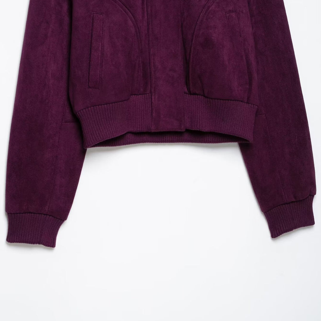 Damen Cropped Veloursjacke im Bomberstil mit hohem Rippkragen und Taillenbündchen Drune