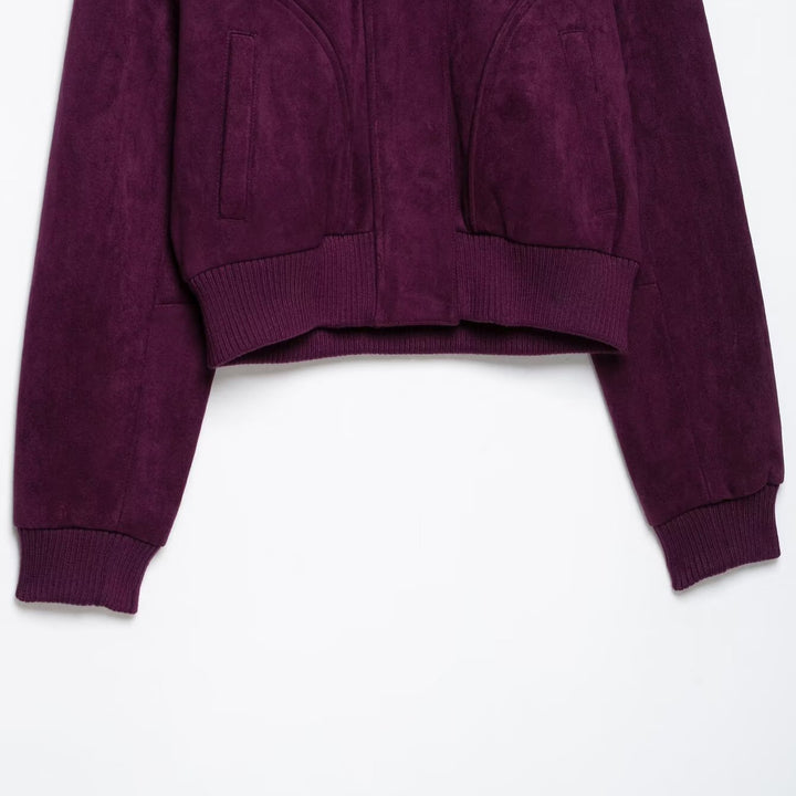 Damen Cropped Veloursjacke im Bomberstil mit hohem Rippkragen und Taillenbündchen Drune
