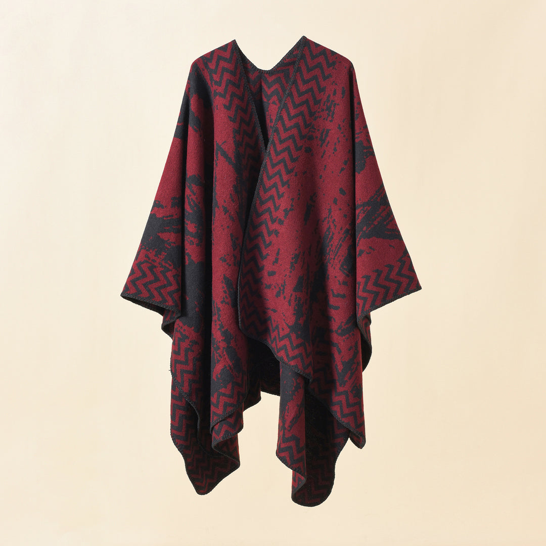 Damen Strick‑Ruana mit abstraktem Jacquard und Kettelsaum Drune