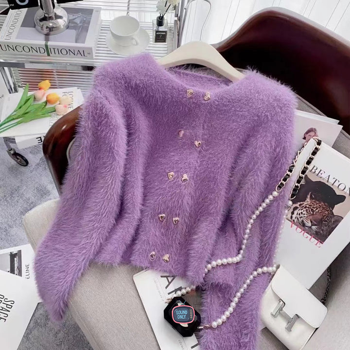 Damen Fluffy Cardigan mit Herzknöpfen Drune