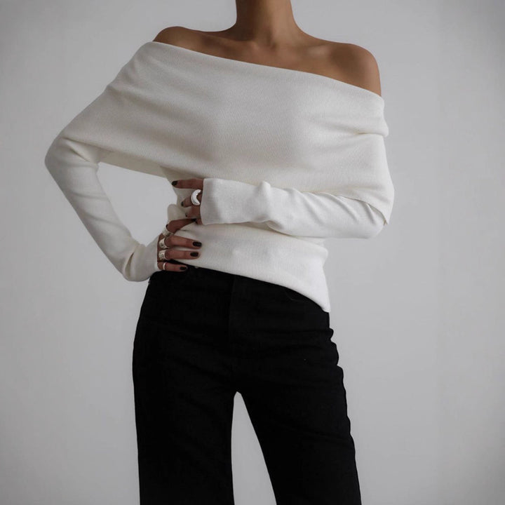 Damen schulterfreier Feinstrick-Pullover mit umlegbarem Carmenkragen Drune