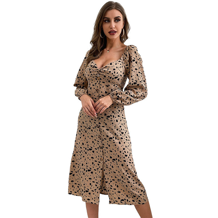 Damen Midikleid mit Herz-Ausschnitt, Puffärmeln und durchgehender Knopfleiste Drune