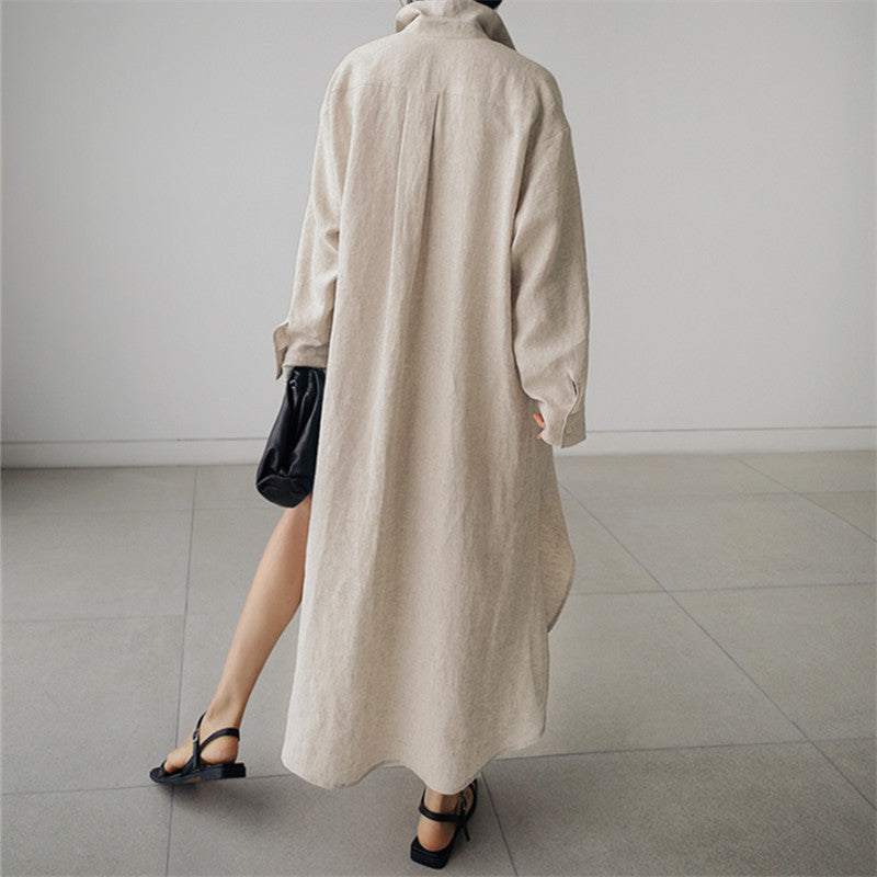 Damen Langes Leichtes Hemdblusen-Midaxi-Kleid mit Kentkragen und hohen Seitenschlitzen Drune