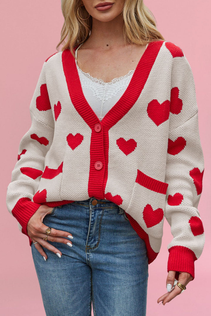 Damen kuschelige Strickjacke mit Herzmuster und großen Taschen Drune