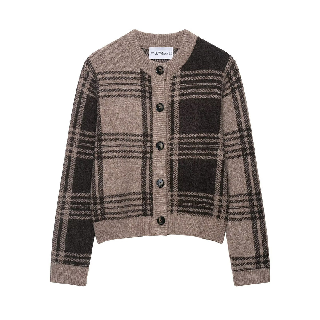 Damen kariertes Strickjacke mit Knopfleiste und weichem Material Drune