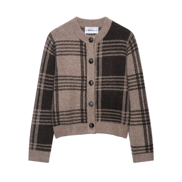 Damen kariertes Strickjacke mit Knopfleiste und weichem Material Drune