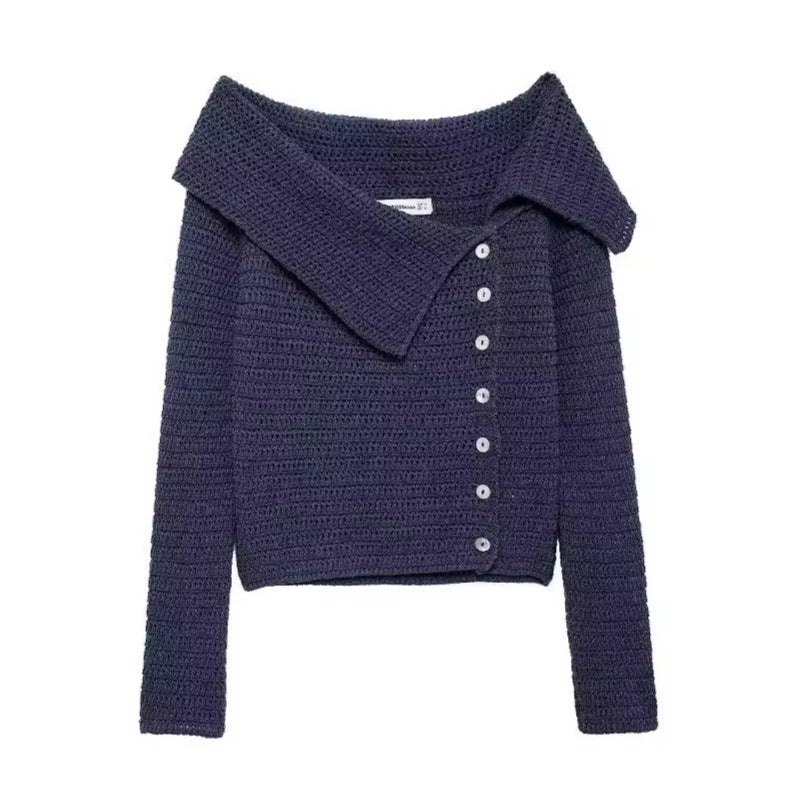 Damen elegante Strickjacke mit tiefem Kragen und Knopfdetaillierung Drune