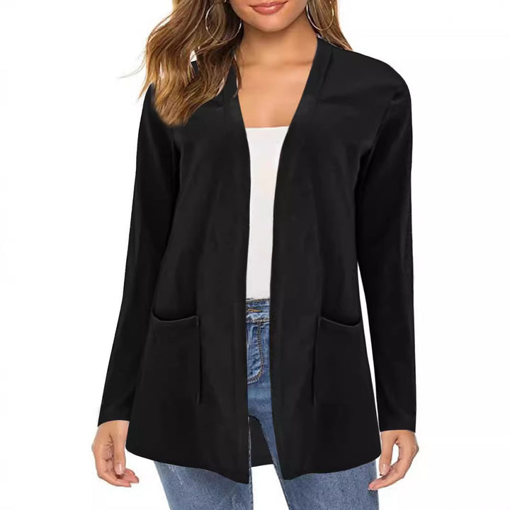 Damen Offene Longline-Cardigan mit aufgesetzten Taschen und schmalem Kragen Drune