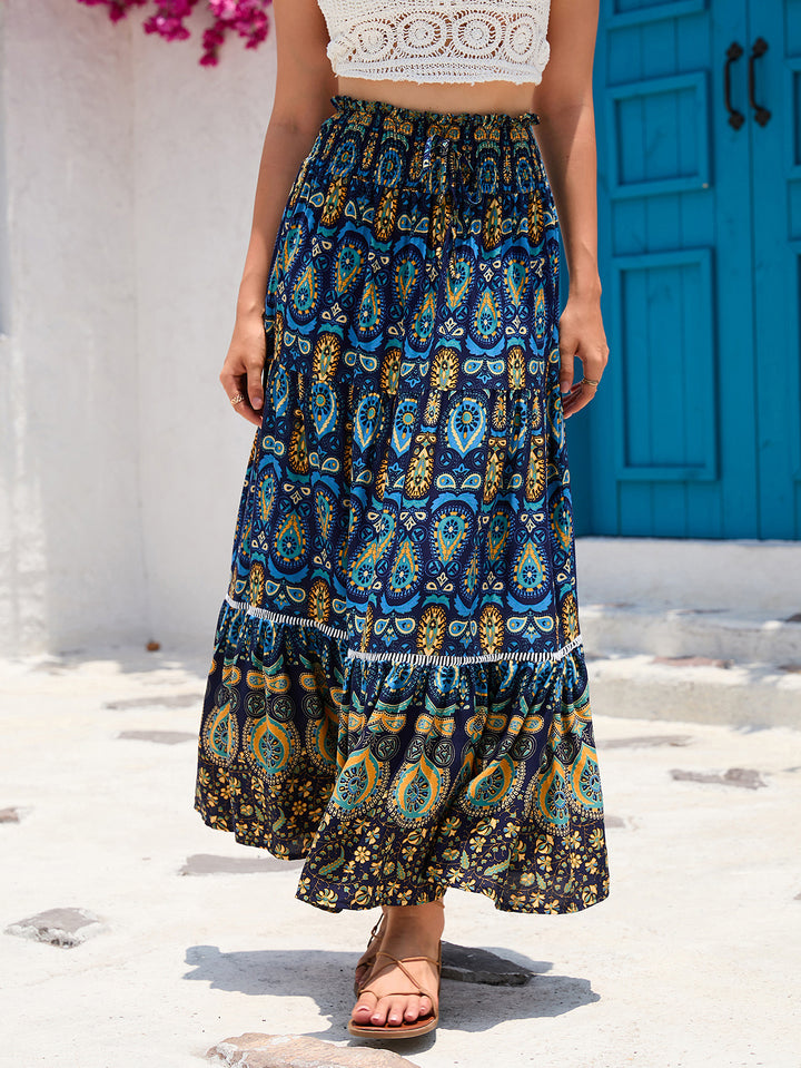 Damen nan Maxirock im Boho‑Stil mit Stufen, gerafftem Elastikbund und Paisley‑Print Drune