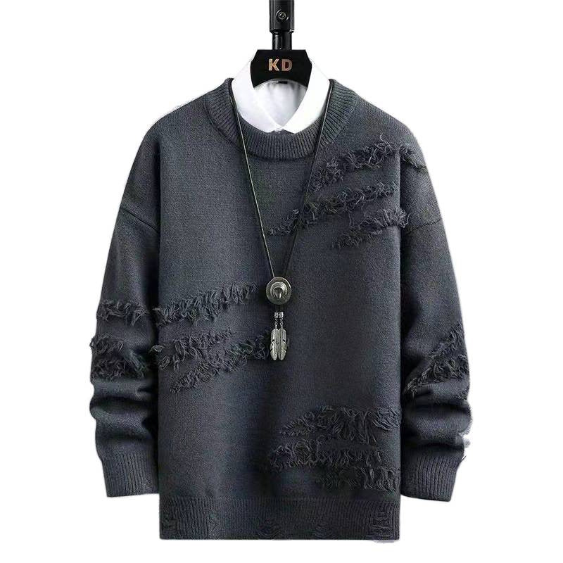 Herren Oversized Strickpullover mit Fransen‑Used‑Details und Rundhalsausschnitt Drune