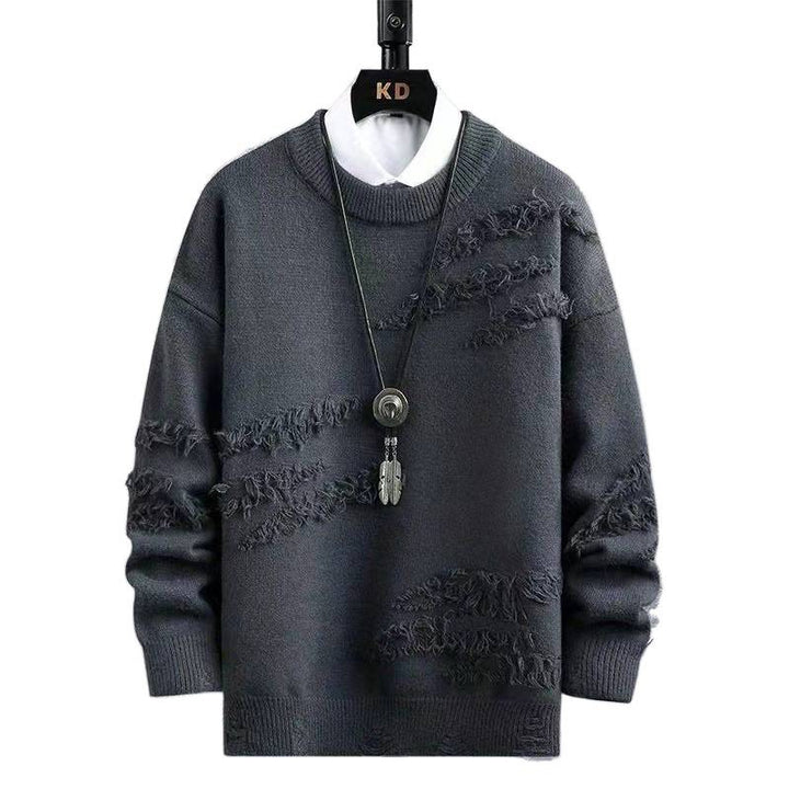 Herren Oversized Strickpullover mit Fransen‑Used‑Details und Rundhalsausschnitt Drune