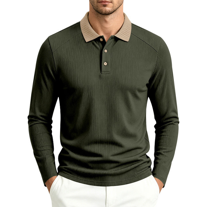 Herren Langarm-Poloshirt mit gerippter Kontrastkragen und feiner Waffelstruktur Drune