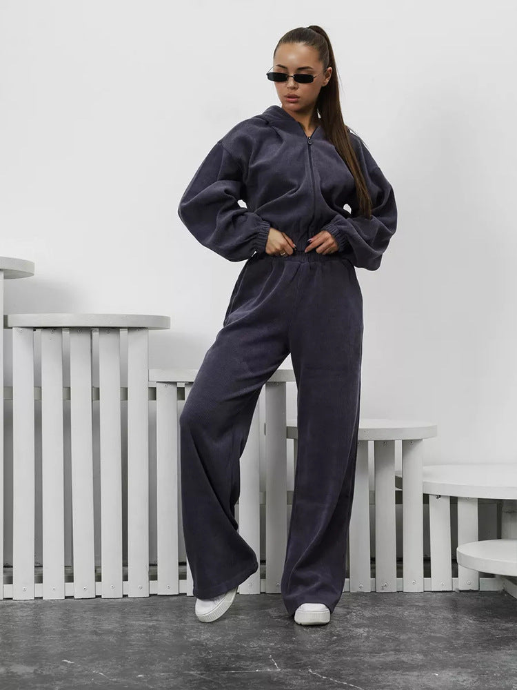 Damen Velours-Loungewear-Set mit kurzem Reißverschluss-Hoodie und weiter hochgeschnittener Palazzohose Drune