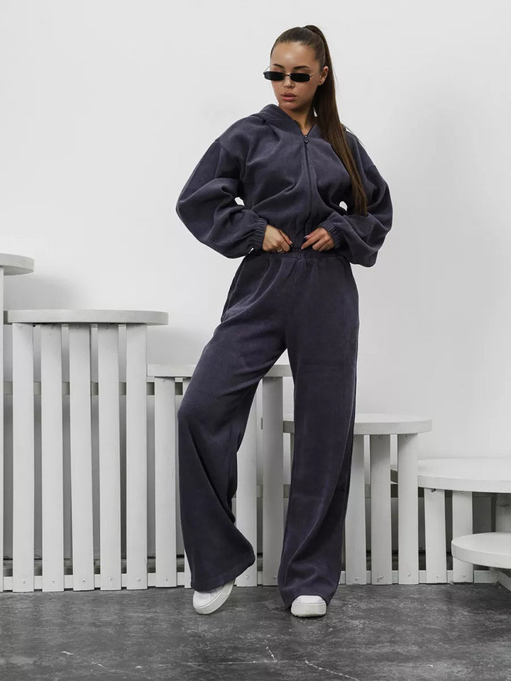Damen Velours-Loungewear-Set mit kurzem Reißverschluss-Hoodie und weiter hochgeschnittener Palazzohose Drune