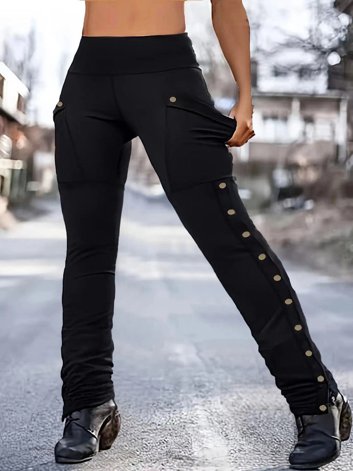 Damen High‑Waist Stretch‑Leggings mit Cargo‑Taschen und Druckknopfdetail Drune