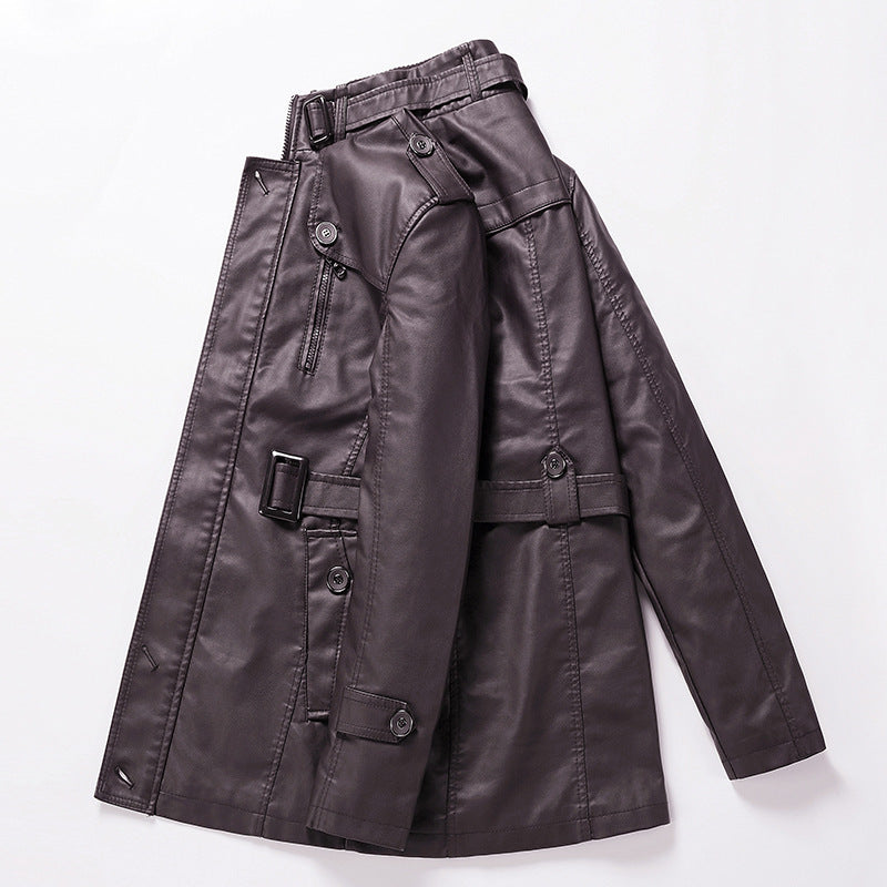 Herren Taillierter Leder-Trench mit Gürtel und Ziernähten Drune
