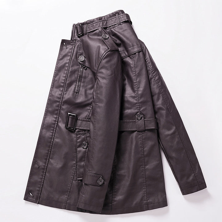 Herren Taillierter Leder-Trench mit Gürtel und Ziernähten Drune