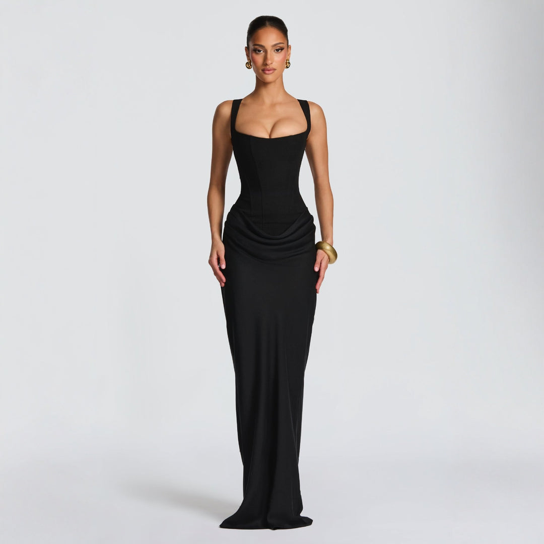 Damen Elegantes Maxikleid mit figurformendem Schnitt und zarten Drapierungen Drune