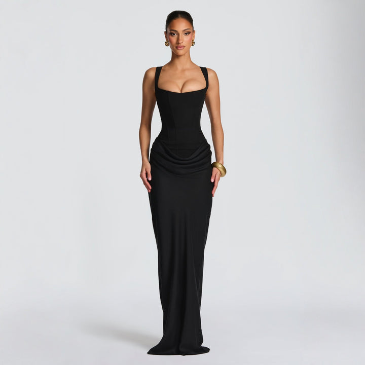 Damen Elegantes Maxikleid mit figurformendem Schnitt und zarten Drapierungen Drune