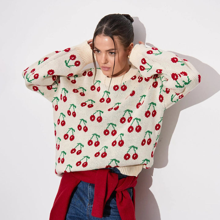 Damen Kuscheliger Strickpulli mit Kirschenmuster Drune