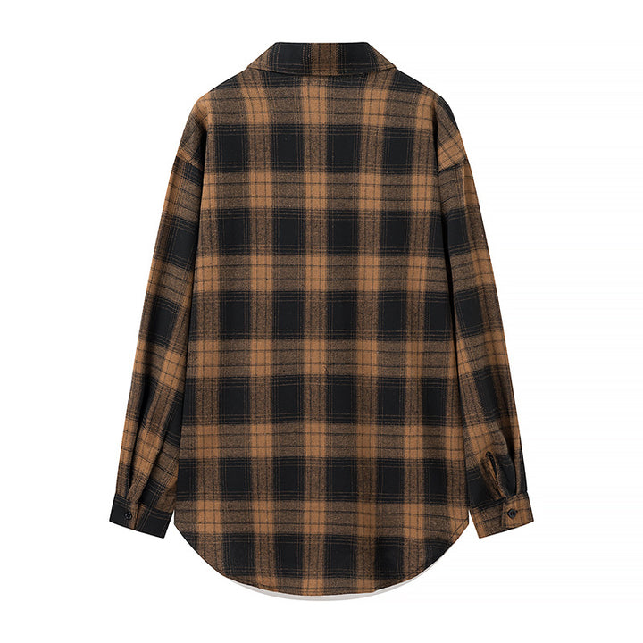 Damen Oversize‑Karo‑Hemdbluse mit aufgesetzten Brusttaschen und abgerundetem Saum Drune