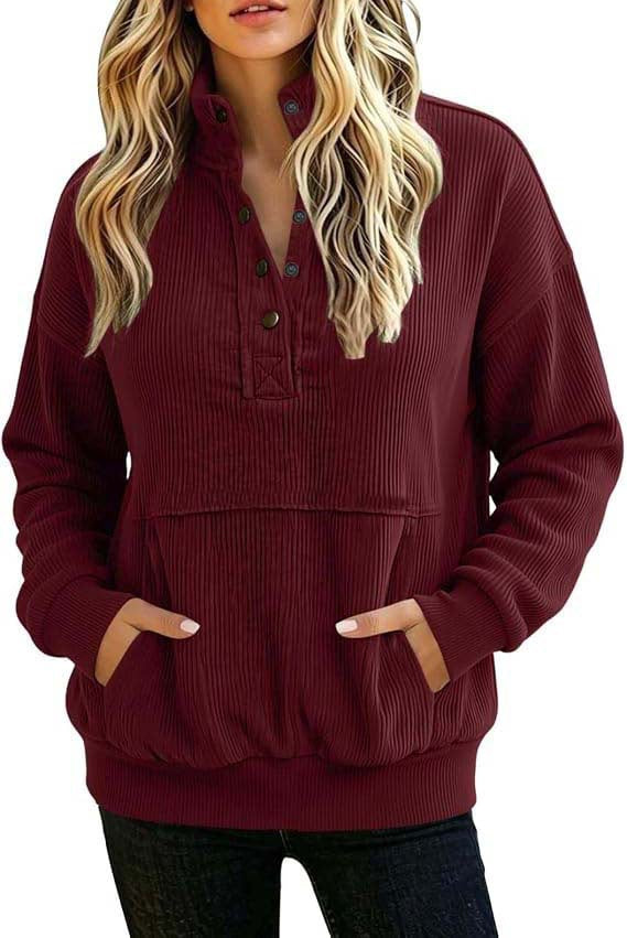 Damen gerippter Henley-Pullover mit Stehkragen und Kängurutasche Drune