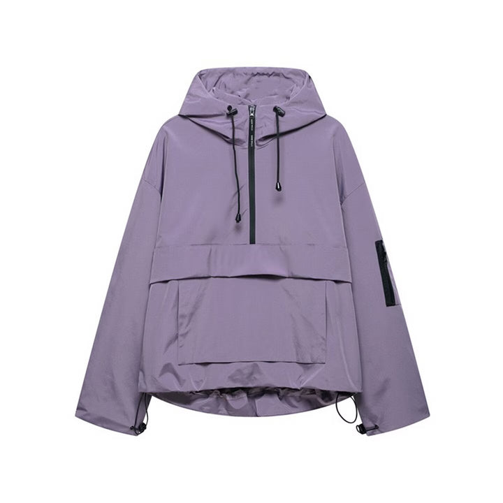 Damen wasserdichter Oversized Anorak mit Kapuze, halbem Reißverschluss und Kängurutasche Drune