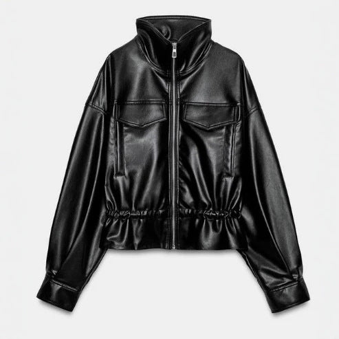 Damen Glänzende Cropped‑Kunstlederjacke im Blousonstil mit Stehkragen und Tunnelzugbund Drune