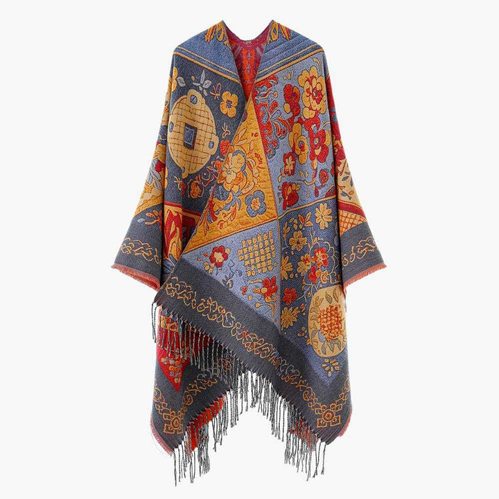 Damen Jacquard‑Gewebter Fransenponcho im Tapisserie‑Look Drune