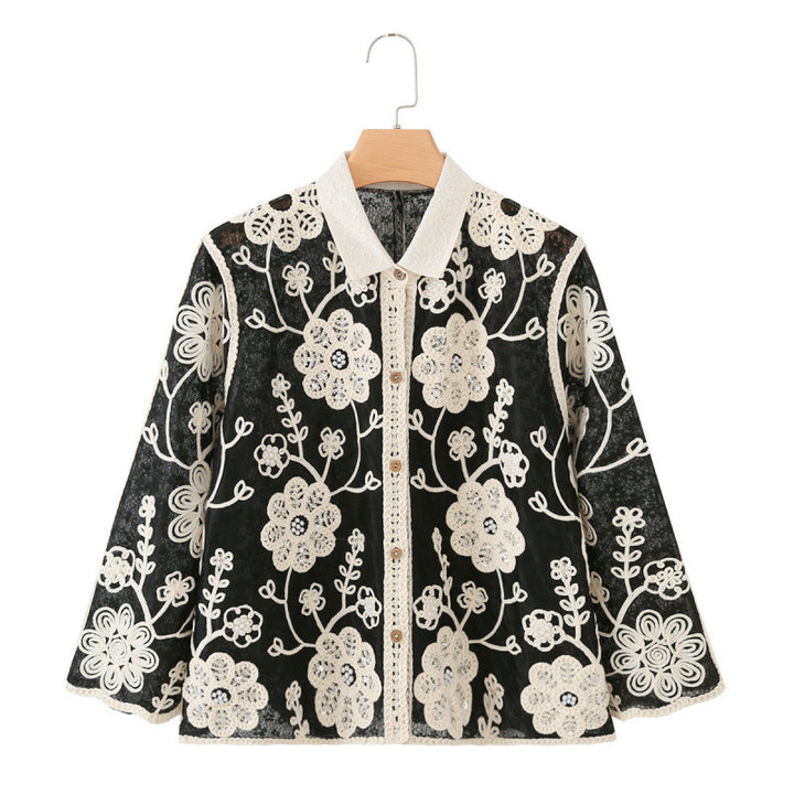 Damen Bestickte Häkeljacke mit Blumenapplikationen und Hemdkragen Drune