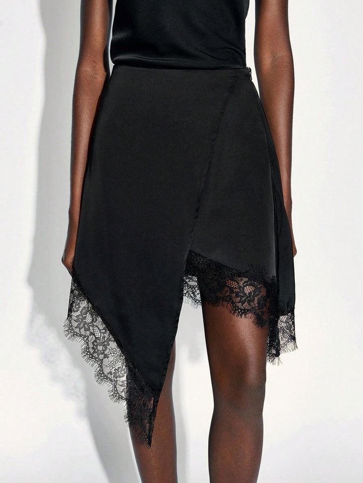 Damen nan asymmetrischer Wickelrock mit Spitzenbesatz und satinähnlichem Fall Drune