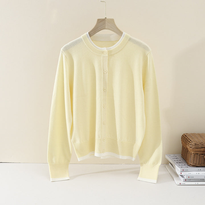 Damen Leichter Feinstrick-Cardigan mit Rundhals, Kontrastbündchen und durchgehender Knopfleiste Drune